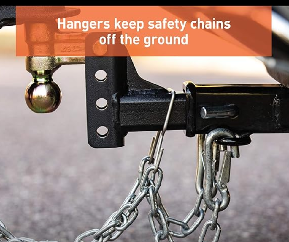 Photo of Curt safety chain hanger keeping long safety chains from touching the ground which may cause sparks